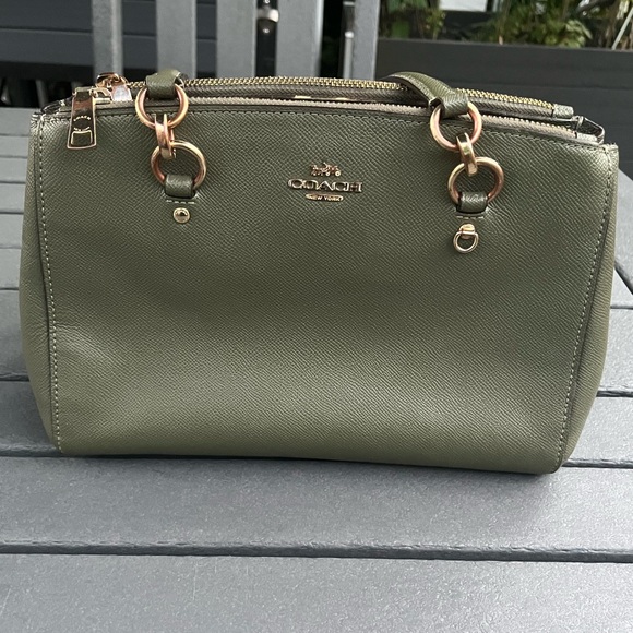 Coach; Vintage Olive Green Leather Shoulder Bag; Gold Tone Hardware; Duel Handle - Picture 1 of 16